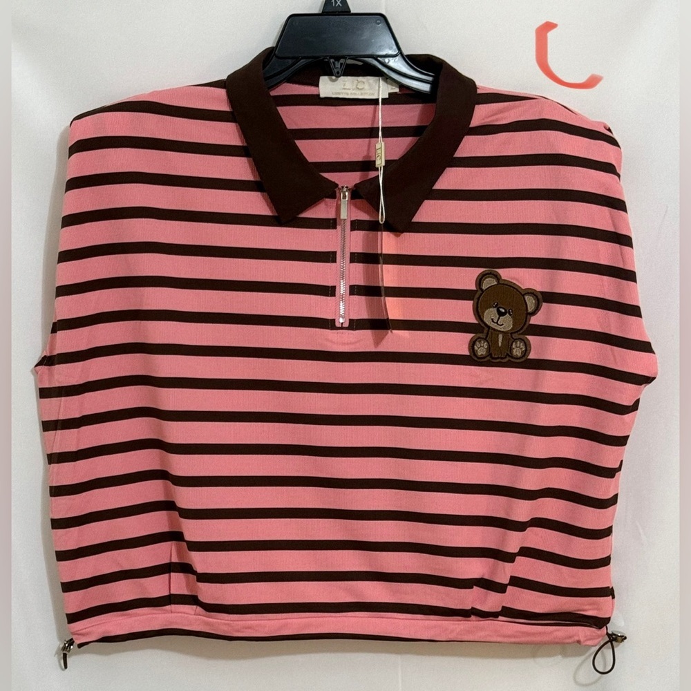 Pink and Brown Striped Polo Top Casual